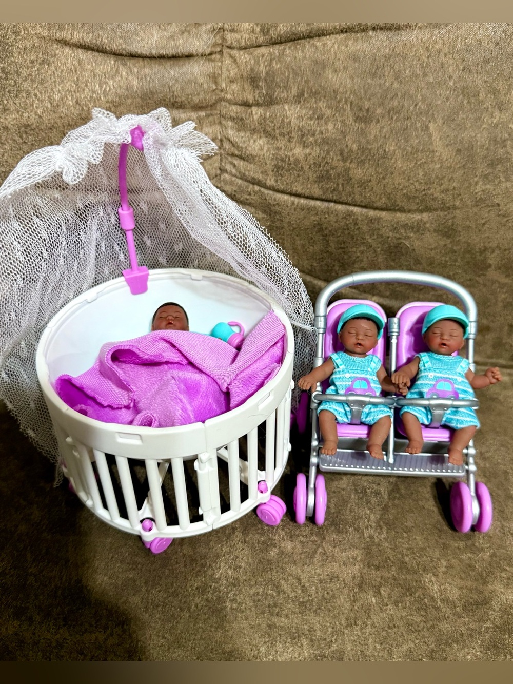 NEW HTF Zuru MY MINI BABY Twins Series 2 Boy/ Boy Teal Blue Purple Stroller Bed